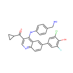 NCc1ccc(Nc2c(C(=O)C3CC3)cnc3ccc(-c4cc(F)c(O)c(Cl)c4)cc23)cc1 ZINC000114033437
