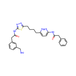 NCc1cccc(CC(=O)Nc2nnc(CCCCc3ccc(NC(=O)Cc4ccccc4)nn3)s2)c1 ZINC000169698234