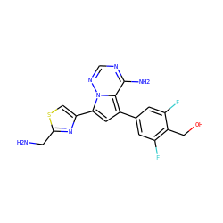 NCc1nc(-c2cc(-c3cc(F)c(CO)c(F)c3)c3c(N)ncnn23)cs1 ZINC000206395232