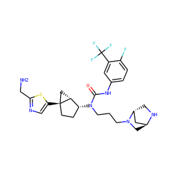NCc1ncc([C@]23CC[C@@H](N(CCCN4C[C@H]5C[C@H]4CN5)C(=O)Nc4ccc(F)c(C(F)(F)F)c4)[C@H]2C3)s1 ZINC000253659092