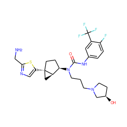 NCc1ncc([C@]23CC[C@@H](N(CCCN4CC[C@@H](O)C4)C(=O)Nc4ccc(F)c(C(F)(F)F)c4)[C@H]2C3)s1 ZINC000028825140