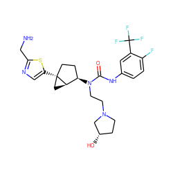 NCc1ncc([C@]23CC[C@@H](N(CCN4CC[C@H](O)C4)C(=O)Nc4ccc(F)c(C(F)(F)F)c4)[C@H]2C3)s1 ZINC000028825135