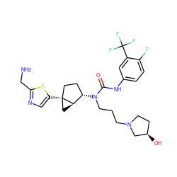 NCc1ncc([C@]23CC[C@H](N(CCCN4CC[C@@H](O)C4)C(=O)Nc4ccc(F)c(C(F)(F)F)c4)[C@H]2C3)s1 ZINC000028825147
