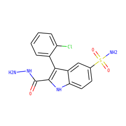 NNC(=O)c1[nH]c2ccc(S(N)(=O)=O)cc2c1-c1ccccc1Cl ZINC000040918897