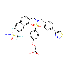 NS(=O)(=O)C(F)(F)c1cc2cc(CN(Cc3ccc(-c4csnn4)cc3)S(=O)(=O)c3ccc(OCC(=O)O)cc3)ccc2cc1F ZINC000082164791