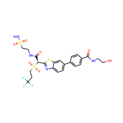 NS(=O)(=O)CCNC(=O)[C@@H](c1nc2ccc(-c3ccc(C(=O)NCCO)cc3)cc2s1)S(=O)(=O)CCC(F)(F)F ZINC000146070983