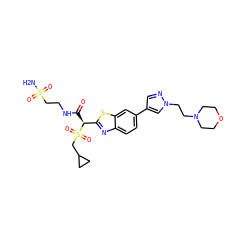 NS(=O)(=O)CCNC(=O)[C@@H](c1nc2ccc(-c3cnn(CCN4CCOCC4)c3)cc2s1)S(=O)(=O)CC1CC1 ZINC000144474852