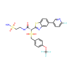NS(=O)(=O)CCNC(=O)[C@H](c1nc2cc(-c3ccc(F)nc3)ccc2s1)S(=O)(=O)Cc1ccc(OC(F)(F)F)cc1 ZINC000222080168