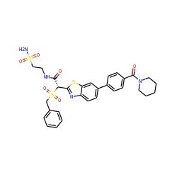 NS(=O)(=O)CCNC(=O)[C@H](c1nc2ccc(-c3ccc(C(=O)N4CCCCC4)cc3)cc2s1)S(=O)(=O)Cc1ccccc1 ZINC000221943142
