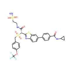 NS(=O)(=O)CCNC(=O)[C@H](c1nc2ccc(-c3ccc(C(=O)NC4CC4)cc3)cc2s1)S(=O)(=O)Cc1ccc(OC(F)(F)F)cc1 ZINC000222076800