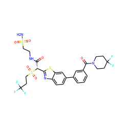 NS(=O)(=O)CCNC(=O)[C@H](c1nc2ccc(-c3cccc(C(=O)N4CCC(F)(F)CC4)c3)cc2s1)S(=O)(=O)CCC(F)(F)F ZINC000222081980