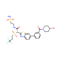 NS(=O)(=O)CCNC(=O)[C@H](c1nc2ccc(-c3cccc(C(=O)N4CCC(O)CC4)c3)cc2s1)S(=O)(=O)CCC(F)(F)F ZINC000221975583