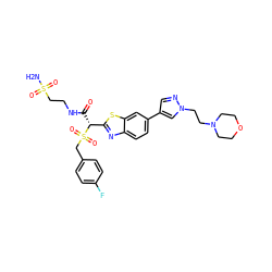 NS(=O)(=O)CCNC(=O)[C@H](c1nc2ccc(-c3cnn(CCN4CCOCC4)c3)cc2s1)S(=O)(=O)Cc1ccc(F)cc1 ZINC000221989565