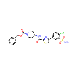 NS(=O)(=O)c1cc(-c2csc(C(=O)NC3CCN(C(=O)OCc4ccccc4)CC3)n2)ccc1Cl ZINC001772632709