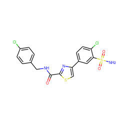 NS(=O)(=O)c1cc(-c2csc(C(=O)NCc3ccc(Cl)cc3)n2)ccc1Cl ZINC001772626693