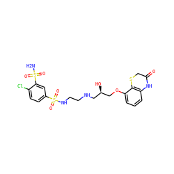 NS(=O)(=O)c1cc(S(=O)(=O)NCCNC[C@@H](O)COc2cccc3c2SCC(=O)N3)ccc1Cl ZINC000029340663