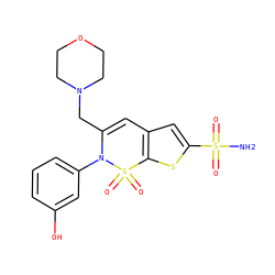 NS(=O)(=O)c1cc2c(s1)S(=O)(=O)N(c1cccc(O)c1)C(CN1CCOCC1)=C2 ZINC000012503368
