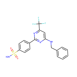 NS(=O)(=O)c1ccc(-c2nc(NCc3ccccc3)cc(C(F)(F)F)n2)cc1 ZINC000029132579