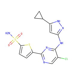 NS(=O)(=O)c1ccc(-c2ncc(Cl)c(Nc3cc(C4CC4)[nH]n3)n2)s1 ZINC000115370993