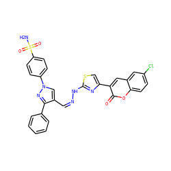 NS(=O)(=O)c1ccc(-n2cc(/C=N\Nc3nc(-c4cc5cc(Cl)ccc5oc4=O)cs3)c(-c3ccccc3)n2)cc1 ZINC000653861882