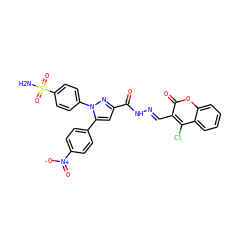 NS(=O)(=O)c1ccc(-n2nc(C(=O)N/N=C/c3c(Cl)c4ccccc4oc3=O)cc2-c2ccc([N+](=O)[O-])cc2)cc1 ZINC000653905265