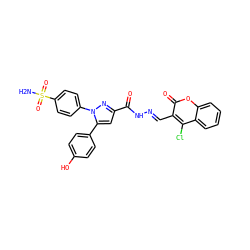 NS(=O)(=O)c1ccc(-n2nc(C(=O)N/N=C/c3c(Cl)c4ccccc4oc3=O)cc2-c2ccc(O)cc2)cc1 ZINC000653886993