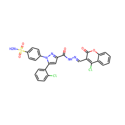 NS(=O)(=O)c1ccc(-n2nc(C(=O)N/N=C/c3c(Cl)c4ccccc4oc3=O)cc2-c2ccccc2Cl)cc1 ZINC000653887013
