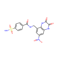NS(=O)(=O)c1ccc(C(=O)NCc2cc([N+](=O)[O-])cc3[nH]c(=O)c(=O)[nH]c23)cc1 ZINC000027555051