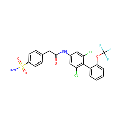 NS(=O)(=O)c1ccc(CC(=O)Nc2cc(Cl)c(-c3ccccc3OC(F)(F)F)c(Cl)c2)cc1 ZINC000143088130