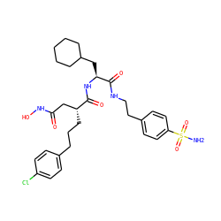 NS(=O)(=O)c1ccc(CCNC(=O)[C@H](CC2CCCCC2)NC(=O)[C@H](CCCc2ccc(Cl)cc2)CC(=O)NO)cc1 ZINC000026664817