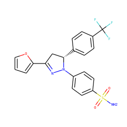 NS(=O)(=O)c1ccc(N2N=C(c3ccco3)C[C@@H]2c2ccc(C(F)(F)F)cc2)cc1 ZINC000653780458