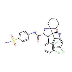NS(=O)(=O)c1ccc(NC(=O)[C@@H]2NC3(CCCCC3)[C@@]3(C(=O)Nc4cc(Cl)ccc43)[C@H]2c2cccc(Cl)c2F)cc1 ZINC001772630618