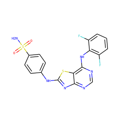 NS(=O)(=O)c1ccc(Nc2nc3ncnc(Nc4c(F)cccc4F)c3s2)cc1 ZINC000034874964