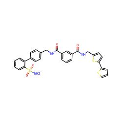 NS(=O)(=O)c1ccccc1-c1ccc(CNC(=O)c2cccc(C(=O)NCc3ccc(-c4cccs4)s3)c2)cc1 ZINC000028354399