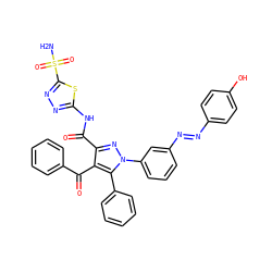 NS(=O)(=O)c1nnc(NC(=O)c2nn(-c3cccc(/N=N/c4ccc(O)cc4)c3)c(-c3ccccc3)c2C(=O)c2ccccc2)s1 ZINC000049899403