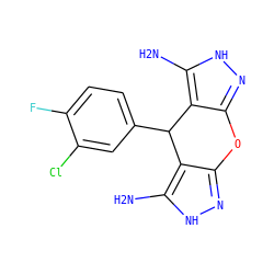 Nc1[nH]nc2c1C(c1ccc(F)c(Cl)c1)c1c(n[nH]c1N)O2 ZINC001772580930