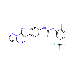 Nc1c(-c2ccc(NC(=O)Nc3cc(C(F)(F)F)ccc3F)cc2)cnc2ccnn12 ZINC000040835188