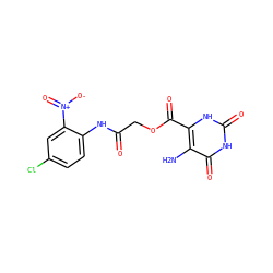 Nc1c(C(=O)OCC(=O)Nc2ccc(Cl)cc2[N+](=O)[O-])[nH]c(=O)[nH]c1=O ZINC000009120655