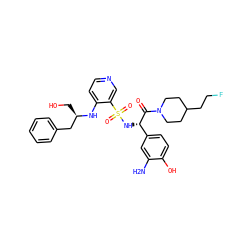 Nc1cc([C@H](NS(=O)(=O)c2cnccc2N[C@H](CO)Cc2ccccc2)C(=O)N2CCC(CCF)CC2)ccc1O ZINC000036093436
