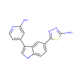 Nc1cc(-c2c[nH]c3ccc(-c4nnc(N)s4)cc23)ccn1 ZINC000204779291