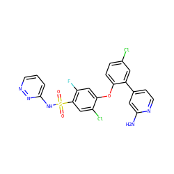 Nc1cc(-c2cc(Cl)ccc2Oc2cc(F)c(S(=O)(=O)Nc3cccnn3)cc2Cl)ccn1 ZINC000095585337
