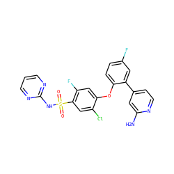 Nc1cc(-c2cc(F)ccc2Oc2cc(F)c(S(=O)(=O)Nc3ncccn3)cc2Cl)ccn1 ZINC000095585592