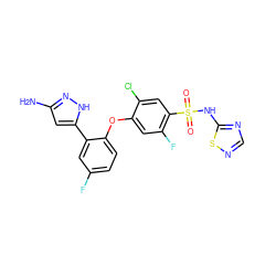 Nc1cc(-c2cc(F)ccc2Oc2cc(F)c(S(=O)(=O)Nc3ncns3)cc2Cl)[nH]n1 ZINC000095581964