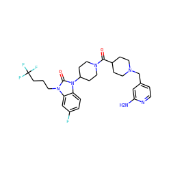 Nc1cc(CN2CCC(C(=O)N3CCC(n4c(=O)n(CCCC(F)(F)F)c5cc(F)ccc54)CC3)CC2)ccn1 ZINC000003928050