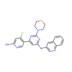 Nc1cc(Cl)c(-c2cc(Nc3cnc4ccccc4c3)nc(N3CCOCC3)n2)cn1 ZINC000084633838
