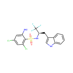 Nc1cc(Cl)cc(Cl)c1S(=O)(=O)N[C@H](Cc1c[nH]c2ccccc12)C(F)(F)F ZINC000043195549
