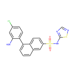 Nc1cc(Cl)ccc1-c1cccc2cc(S(=O)(=O)Nc3ncns3)ccc12 ZINC000225118570