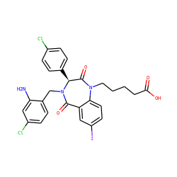 Nc1cc(Cl)ccc1CN1C(=O)c2cc(I)ccc2N(CCCCC(=O)O)C(=O)[C@@H]1c1ccc(Cl)cc1 ZINC000038377670