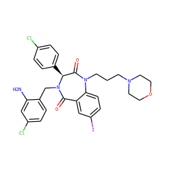 Nc1cc(Cl)ccc1CN1C(=O)c2cc(I)ccc2N(CCCN2CCOCC2)C(=O)[C@@H]1c1ccc(Cl)cc1 ZINC000038377668