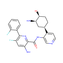 Nc1cc(F)c(-c2ccccc2F)nc1C(=O)Nc1cnccc1[C@@H]1CC[C@H](O)[C@H](N)C1 ZINC000168560826